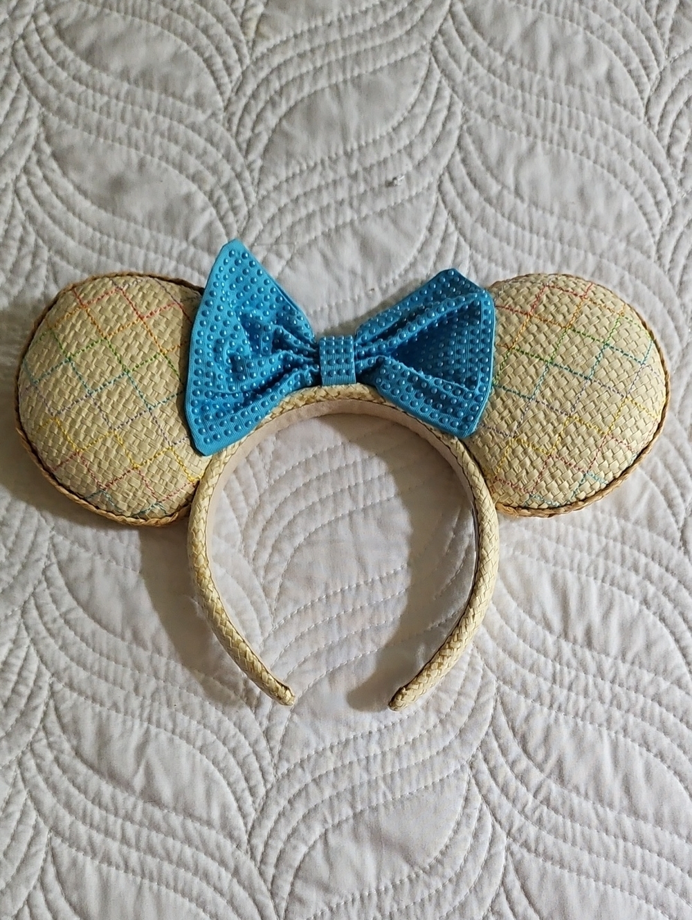 Disney X BaubleBar Straw Mouse Ear Headband with Bright Turquoise Bow